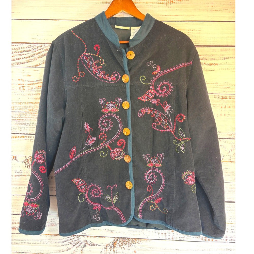 Vintage 90s Y2K Black Corduroy Jacket L Embroidered Floral Wooden Button Coat‎